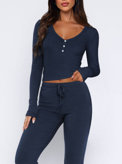 V - Neck Long Sleeve Top and Pants Set - TayDiane