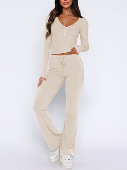 V - Neck Long Sleeve Top and Pants Set - TayDiane