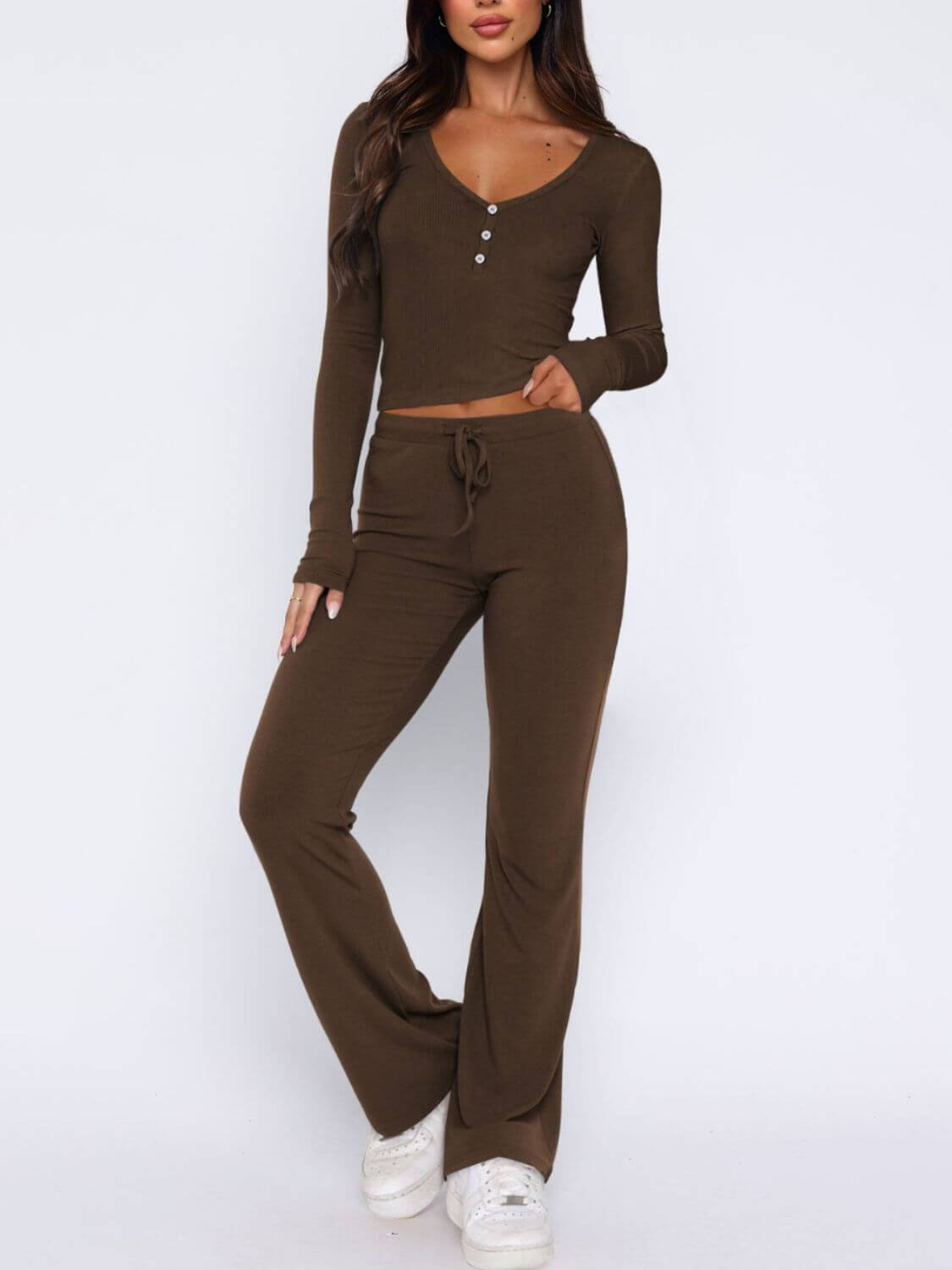 V - Neck Long Sleeve Top and Pants Set - TayDiane