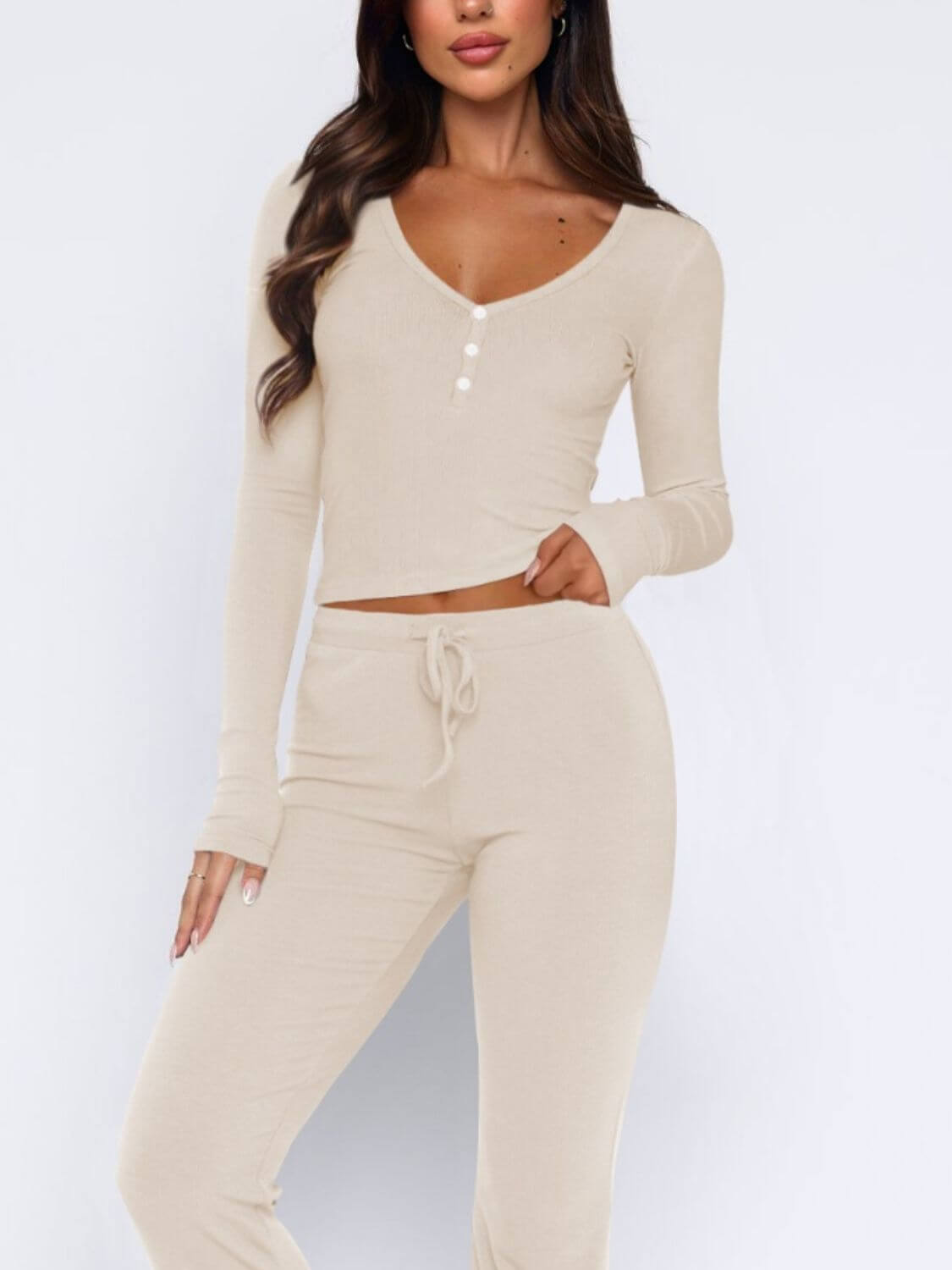 V - Neck Long Sleeve Top and Pants Set - TayDiane