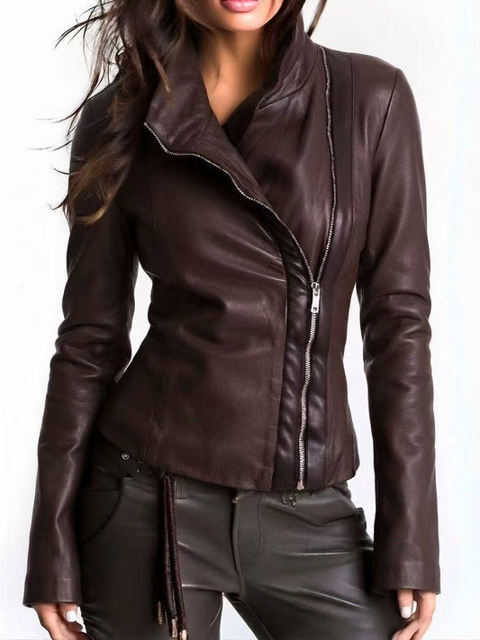 Vintage Leather Jacket Motorcycle Faux Leather I Patchwork Stand up Collar Zipper Short Waist Trimming Coat - Taydiane