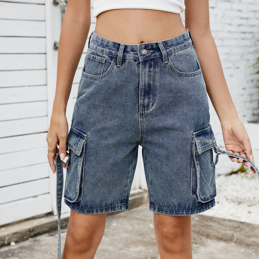 Washed Denim Cargo Shorts - TayDiane