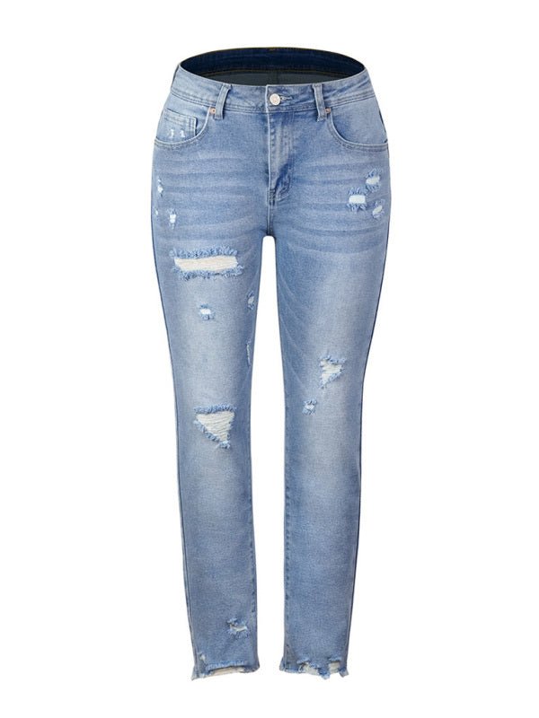 Washed Frayed Slim High Waist Elastic Skinny Jeans - TayDiane