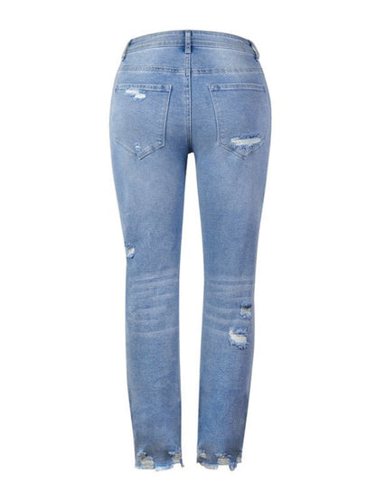 Washed Frayed Slim High Waist Elastic Skinny Jeans - TayDiane