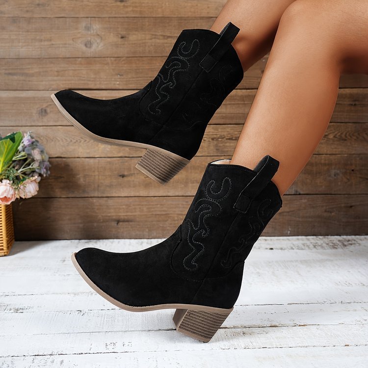 Western Cowboy Embroidered Slip - On Mid - Heel Boots - TayDiane