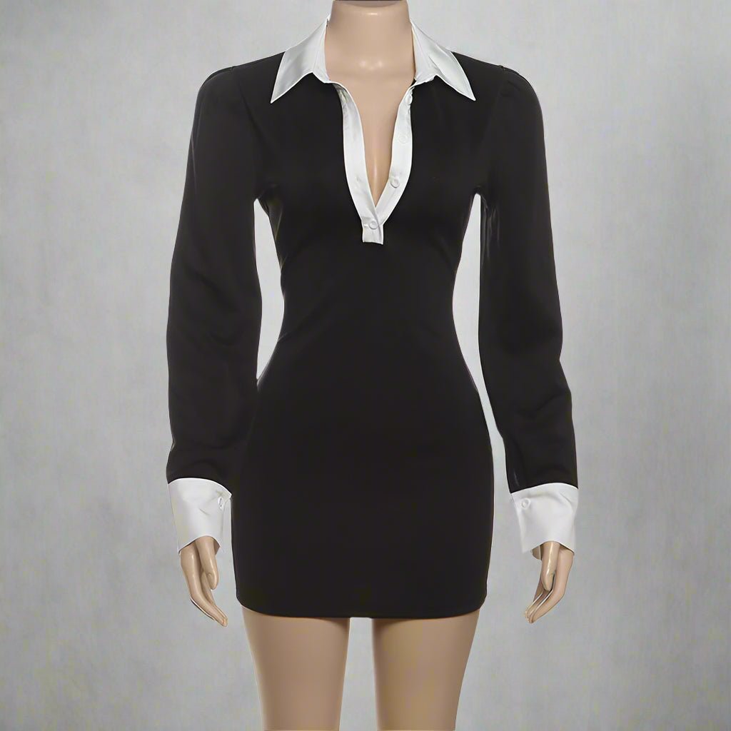 White Collar Button - Up Black Shirt Dress - TayDiane