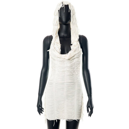 White Crochet Hooded Mini Dress Cover - Up - Taydiane