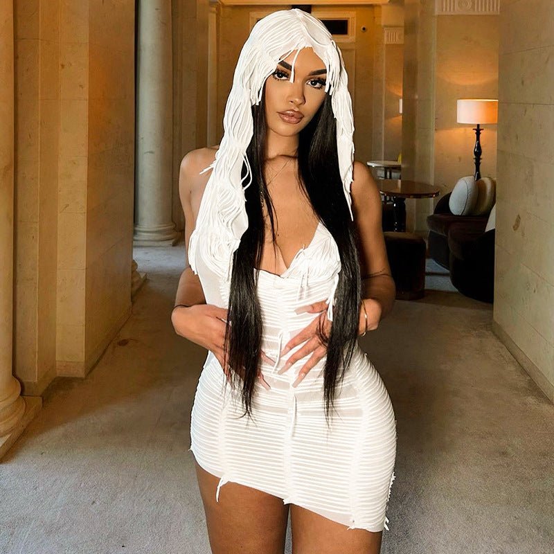 White Crochet Hooded Mini Dress Cover - Up - Taydiane