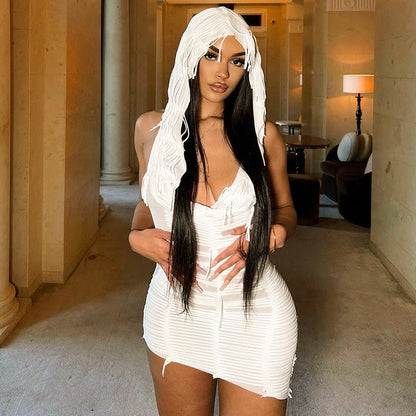 White Crochet Hooded Mini Dress Cover - Up - Taydiane