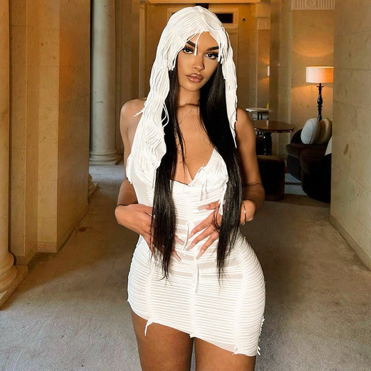 White Crochet Hooded Mini Dress Cover - Up - Taydiane