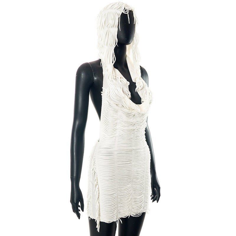 White Crochet Hooded Mini Dress Cover - Up - Taydiane