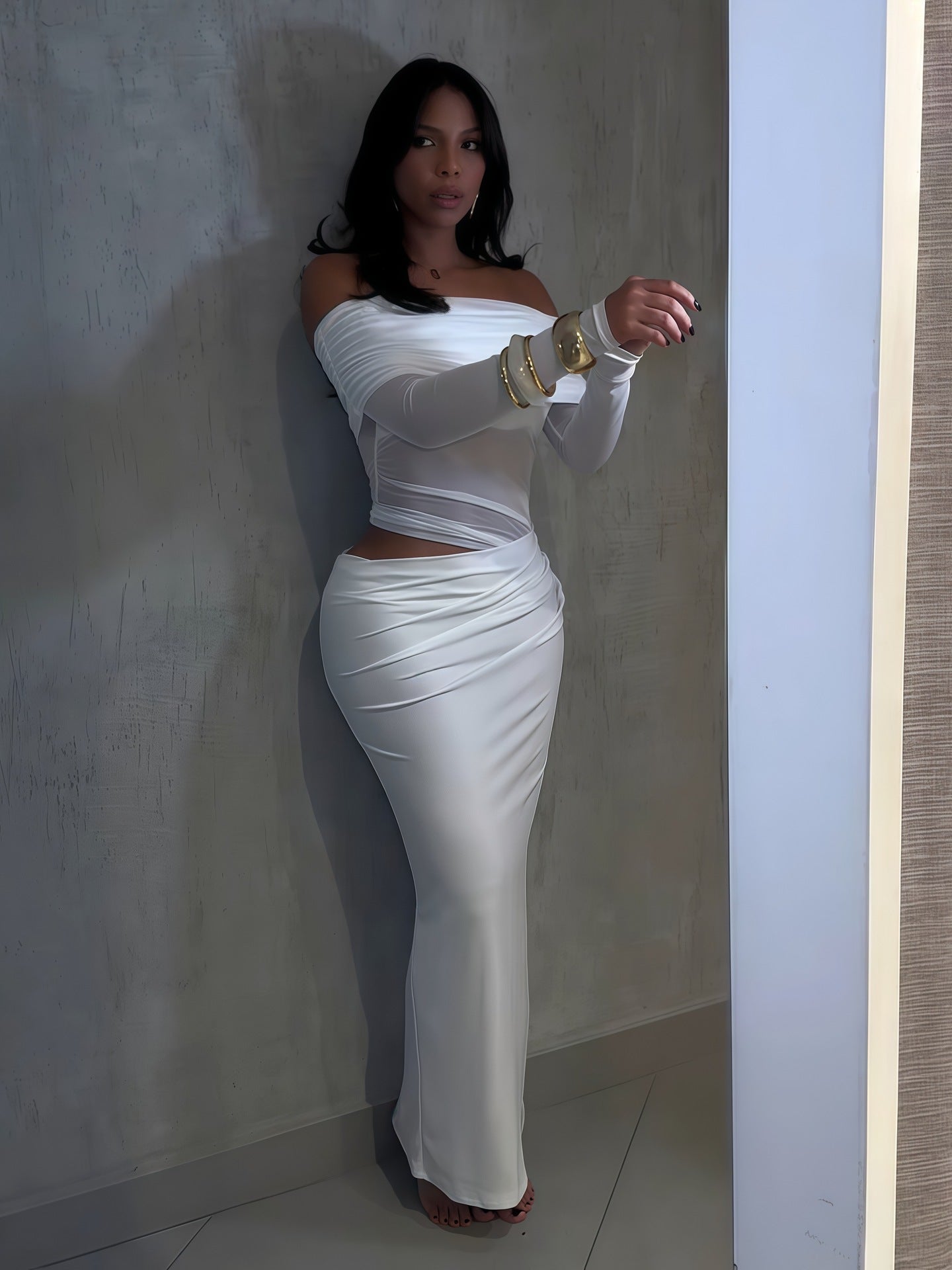 White Mesh Cutout Off - Shoulder Maxi Dress - TayDiane