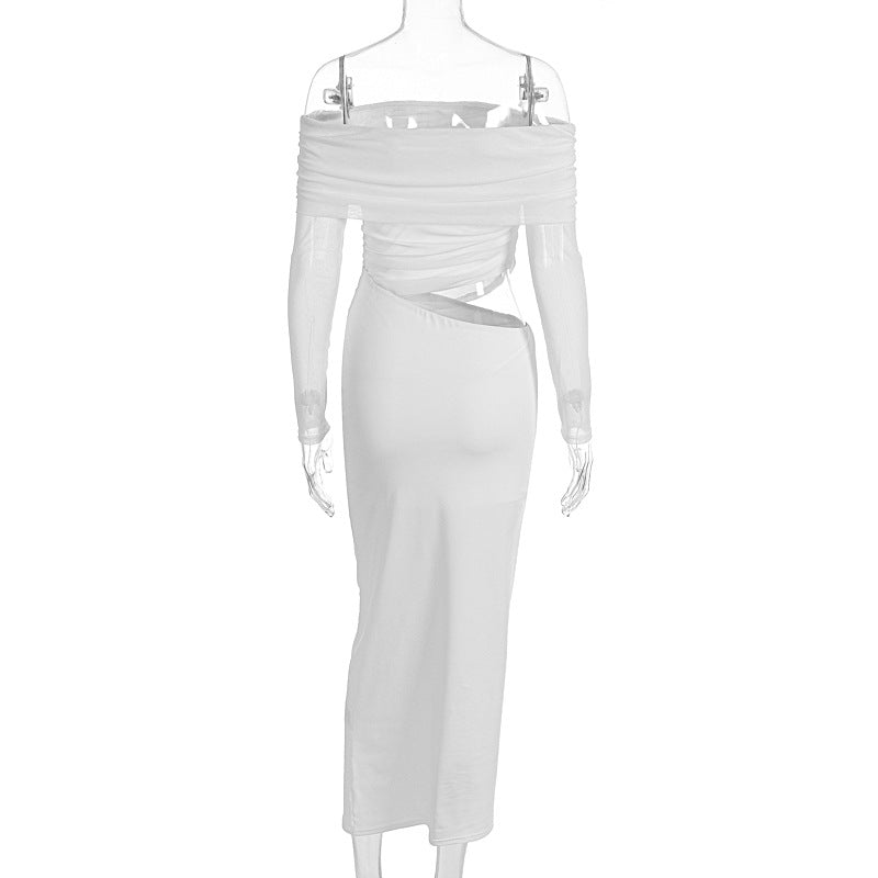 White Mesh Cutout Off - Shoulder Maxi Dress - TayDiane