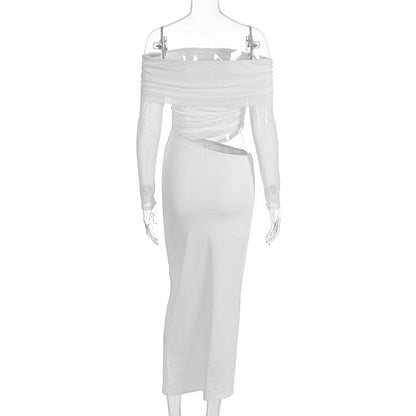 White Mesh Cutout Off - Shoulder Maxi Dress - TayDiane