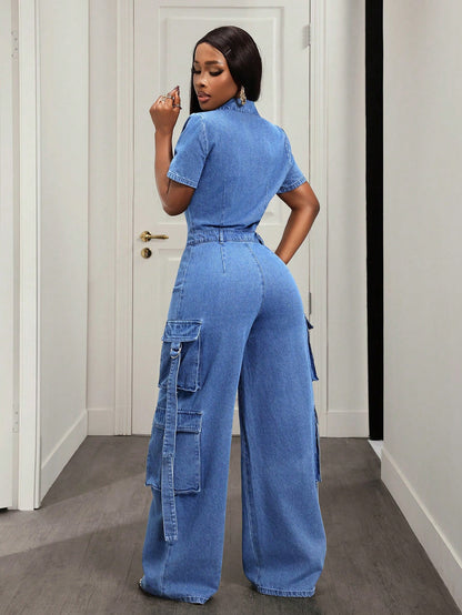 Wide-Leg Denim Cargo Jumpsuit - Taydiane