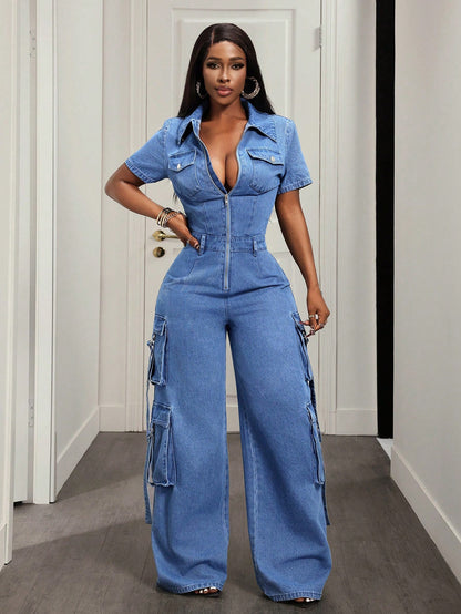 Wide-Leg Denim Cargo Jumpsuit - Taydiane