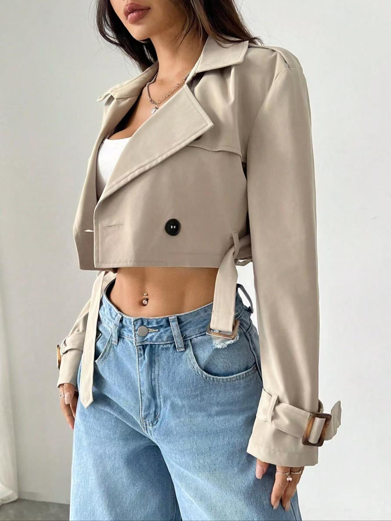 Women Clothing Belt Short Casual Trench Coat - TayDiane