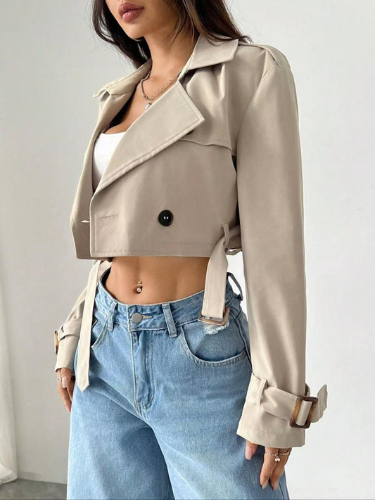 Women Clothing Belt Short Casual Trench Coat - TayDiane