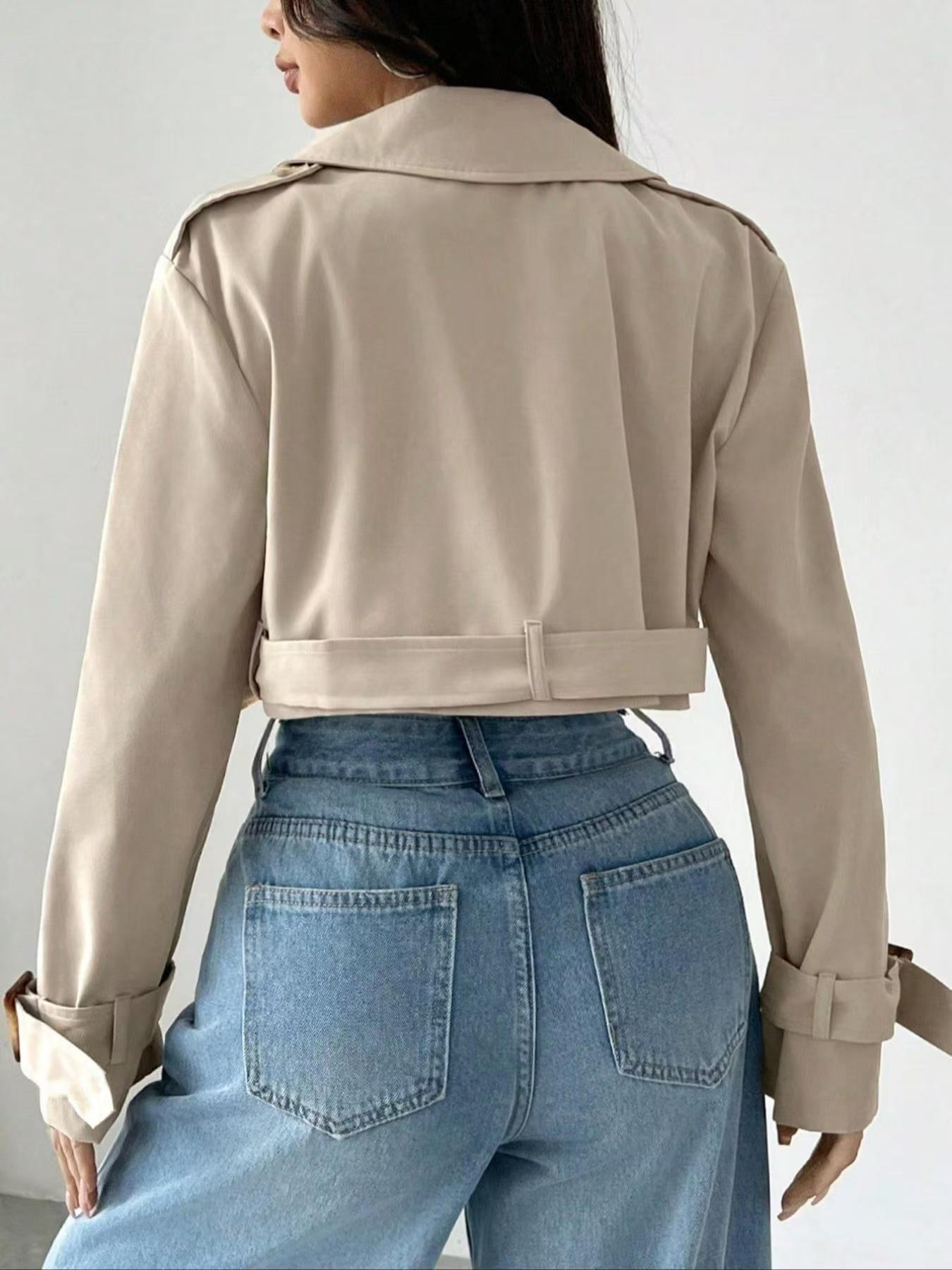 Women Clothing Belt Short Casual Trench Coat - TayDiane
