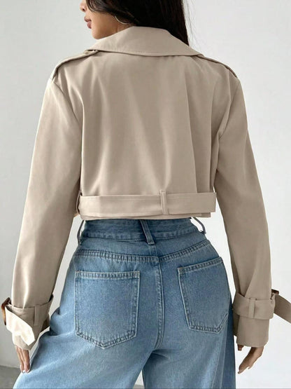 Women Clothing Belt Short Casual Trench Coat - TayDiane