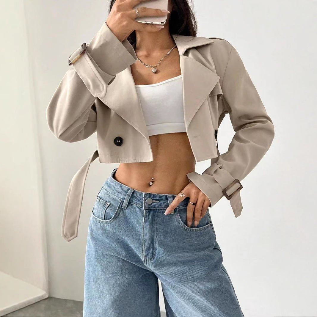Women Clothing Belt Short Casual Trench Coat - TayDiane
