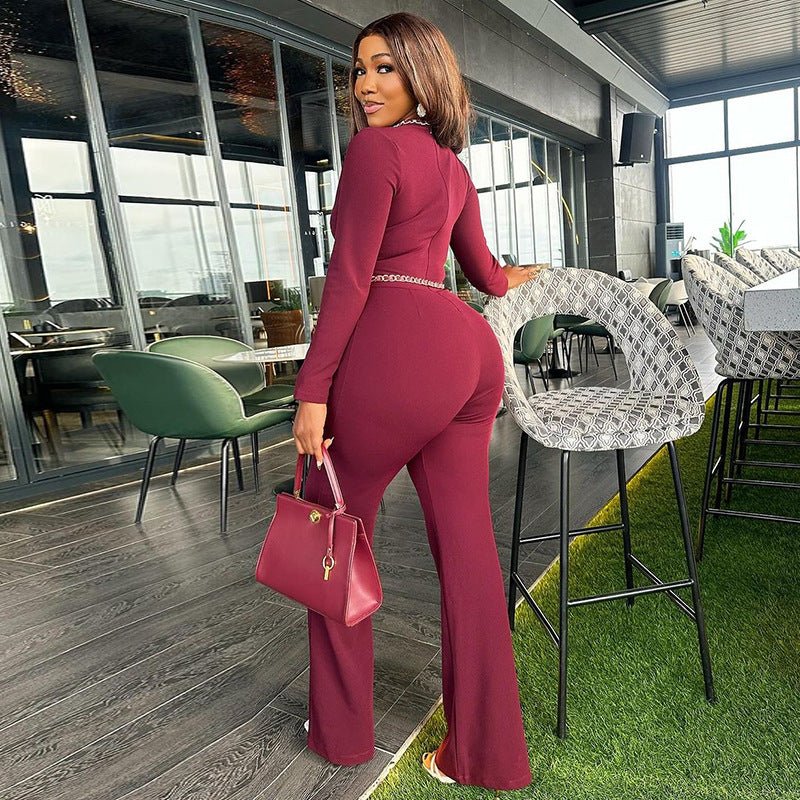 Women Clothing Spring Dignified Hollow Out Cutout Long Sleeve Slim High Waist Wide Leg Trousers Jumpsuit - TayDiane