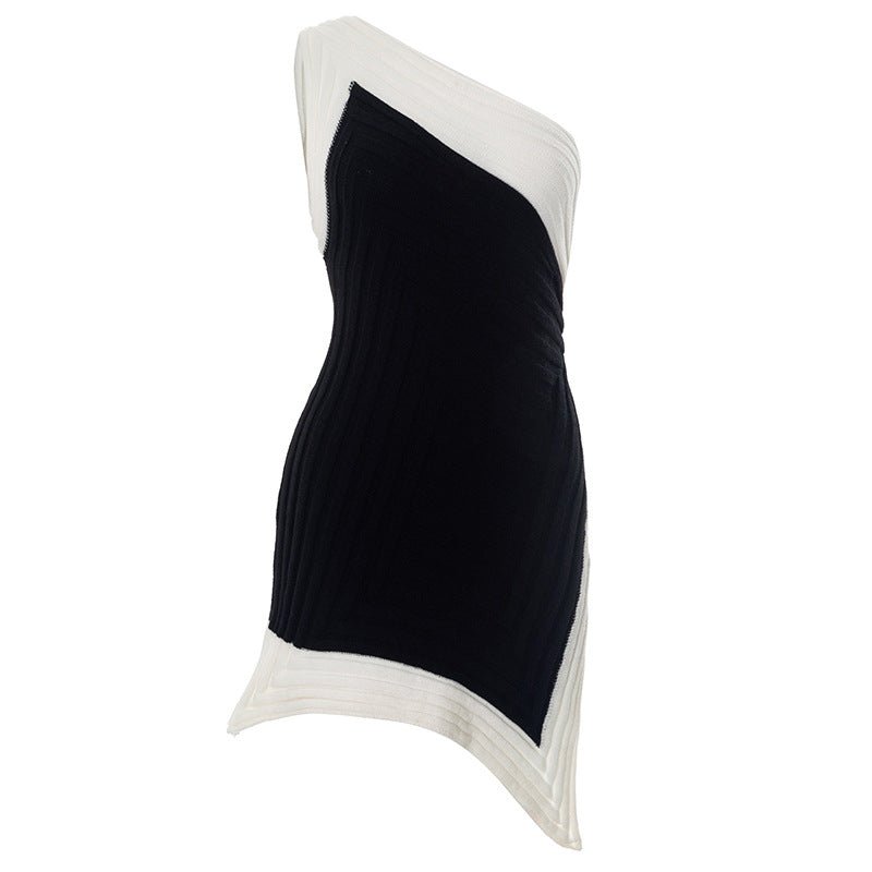 Women Clothing Spring Summer Crossbody off the Shoulder Contrast Color Woolen Irregular Asymmetric Slit Dress - TayDiane