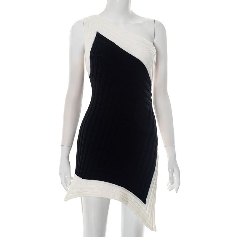 Women Clothing Spring Summer Crossbody off the Shoulder Contrast Color Woolen Irregular Asymmetric Slit Dress - TayDiane
