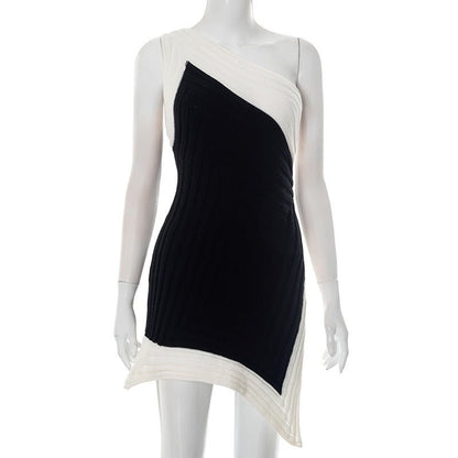 Women Clothing Spring Summer Crossbody off the Shoulder Contrast Color Woolen Irregular Asymmetric Slit Dress - TayDiane