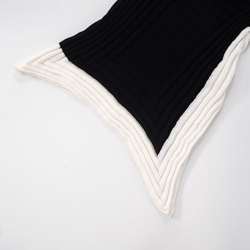 Women Clothing Spring Summer Crossbody off the Shoulder Contrast Color Woolen Irregular Asymmetric Slit Dress - TayDiane