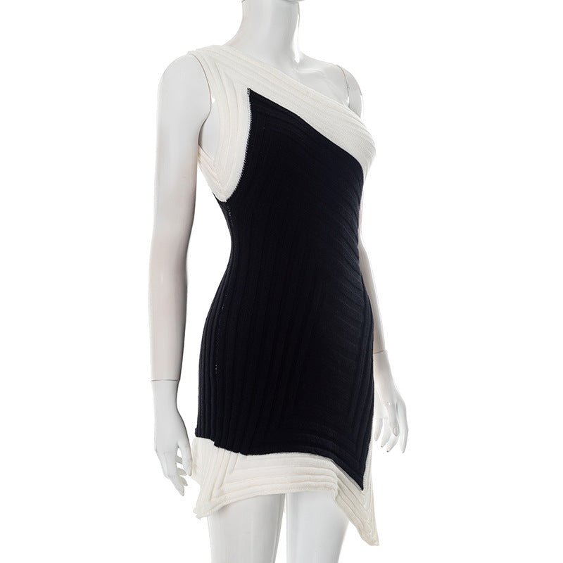 Women Clothing Spring Summer Crossbody off the Shoulder Contrast Color Woolen Irregular Asymmetric Slit Dress - TayDiane