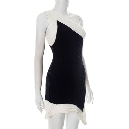 Women Clothing Spring Summer Crossbody off the Shoulder Contrast Color Woolen Irregular Asymmetric Slit Dress - TayDiane