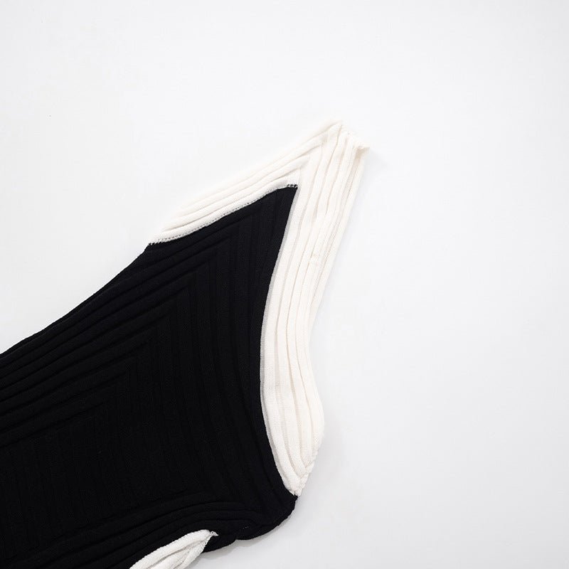 Women Clothing Spring Summer Crossbody off the Shoulder Contrast Color Woolen Irregular Asymmetric Slit Dress - TayDiane