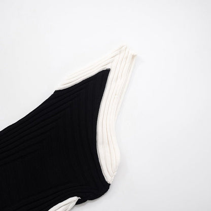Women Clothing Spring Summer Crossbody off the Shoulder Contrast Color Woolen Irregular Asymmetric Slit Dress - TayDiane