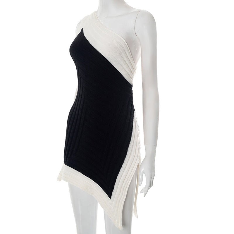 Women Clothing Spring Summer Crossbody off the Shoulder Contrast Color Woolen Irregular Asymmetric Slit Dress - TayDiane