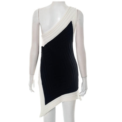 Women Clothing Spring Summer Crossbody off the Shoulder Contrast Color Woolen Irregular Asymmetric Slit Dress - TayDiane