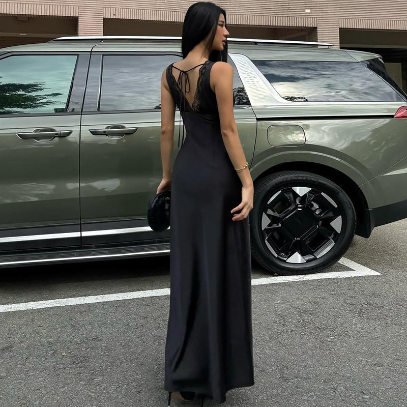 Women Clothing Winter Sexy Lace Deep V Plunge Strap Slim Fit Backless Dress - Taydiane