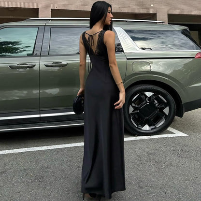 Women Clothing Winter Sexy Lace Deep V Plunge Strap Slim Fit Backless Dress - Taydiane