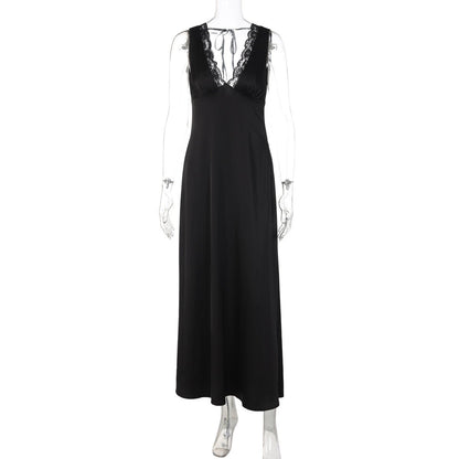 Women Clothing Winter Sexy Lace Deep V Plunge Strap Slim Fit Backless Dress - Taydiane