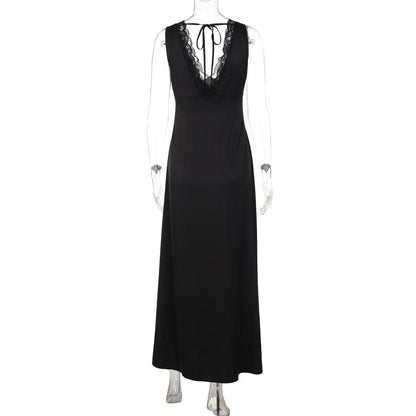 Women Clothing Winter Sexy Lace Deep V Plunge Strap Slim Fit Backless Dress - Taydiane