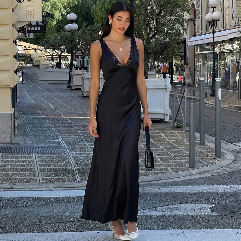 Women Clothing Winter Sexy Lace Deep V Plunge Strap Slim Fit Backless Dress - Taydiane
