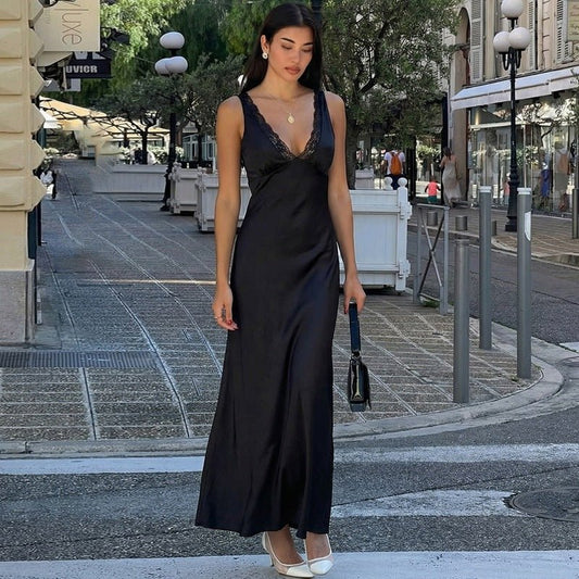 Women Clothing Winter Sexy Lace Deep V Plunge Strap Slim Fit Backless Dress - Taydiane