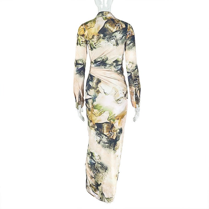 Women Comfort Casual Floral Print Slit Pleated High Waisted Dress Long Sleeve V neck Dress - TayDiane