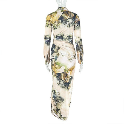 Women Comfort Casual Floral Print Slit Pleated High Waisted Dress Long Sleeve V neck Dress - TayDiane