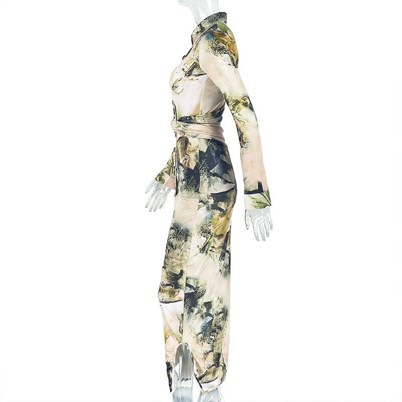 Women Comfort Casual Floral Print Slit Pleated High Waisted Dress Long Sleeve V neck Dress - TayDiane