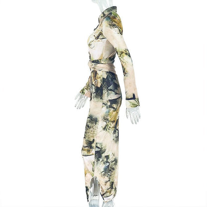 Women Comfort Casual Floral Print Slit Pleated High Waisted Dress Long Sleeve V neck Dress - TayDiane