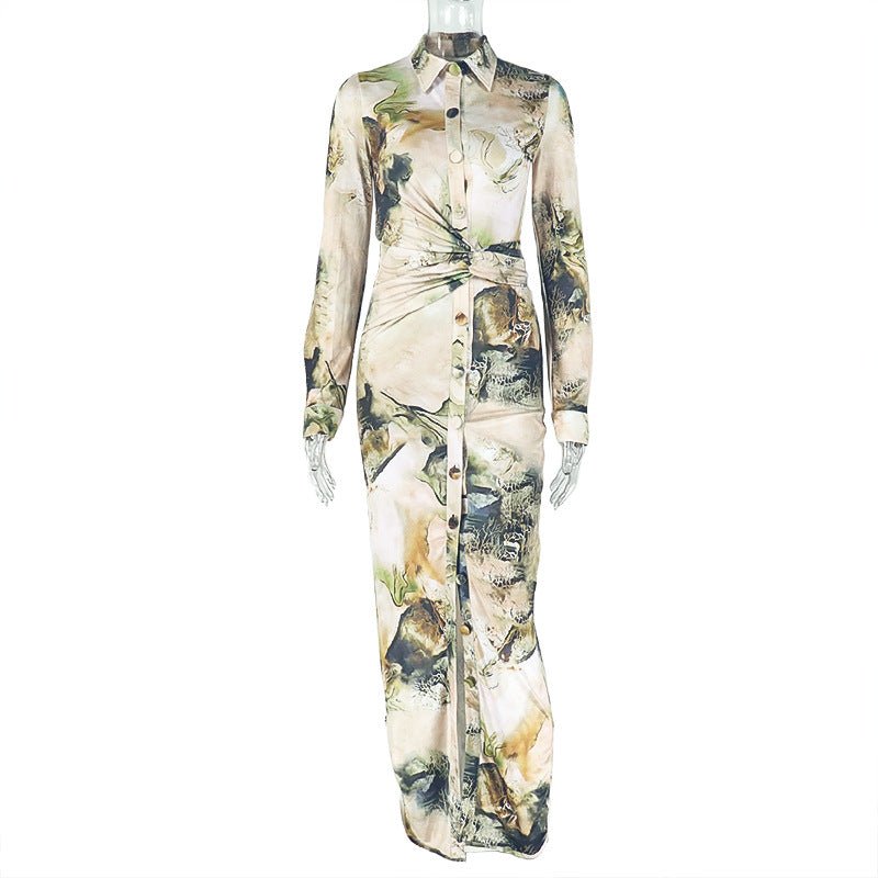 Women Comfort Casual Floral Print Slit Pleated High Waisted Dress Long Sleeve V neck Dress - TayDiane