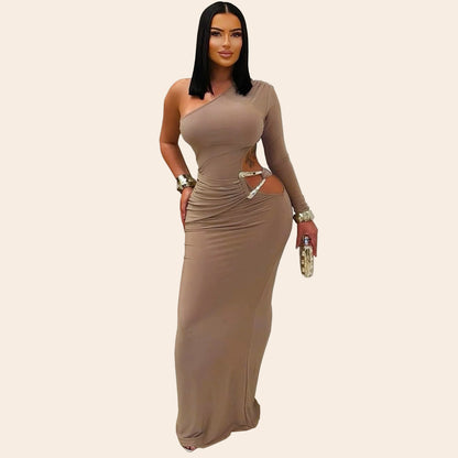 Women Wear Sexy Oblique Shoulder Single Sleeve Slim Fit Solid Color Dress - TayDiane
