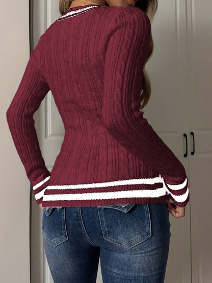 Women's Autumn V - Neck Long - Sleeved Striped Sweater - TayDiane