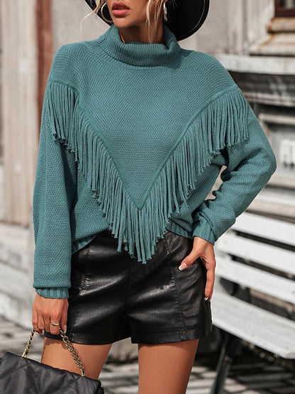 Women's Fringe Turtleneck Sweater - TayDiane